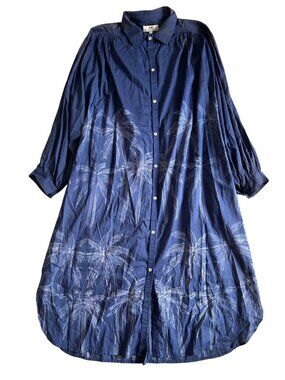 Nibi-MTK Womens Sz L Blue Palm Tree Print Long Button-Up Shirt Dress With Pocket